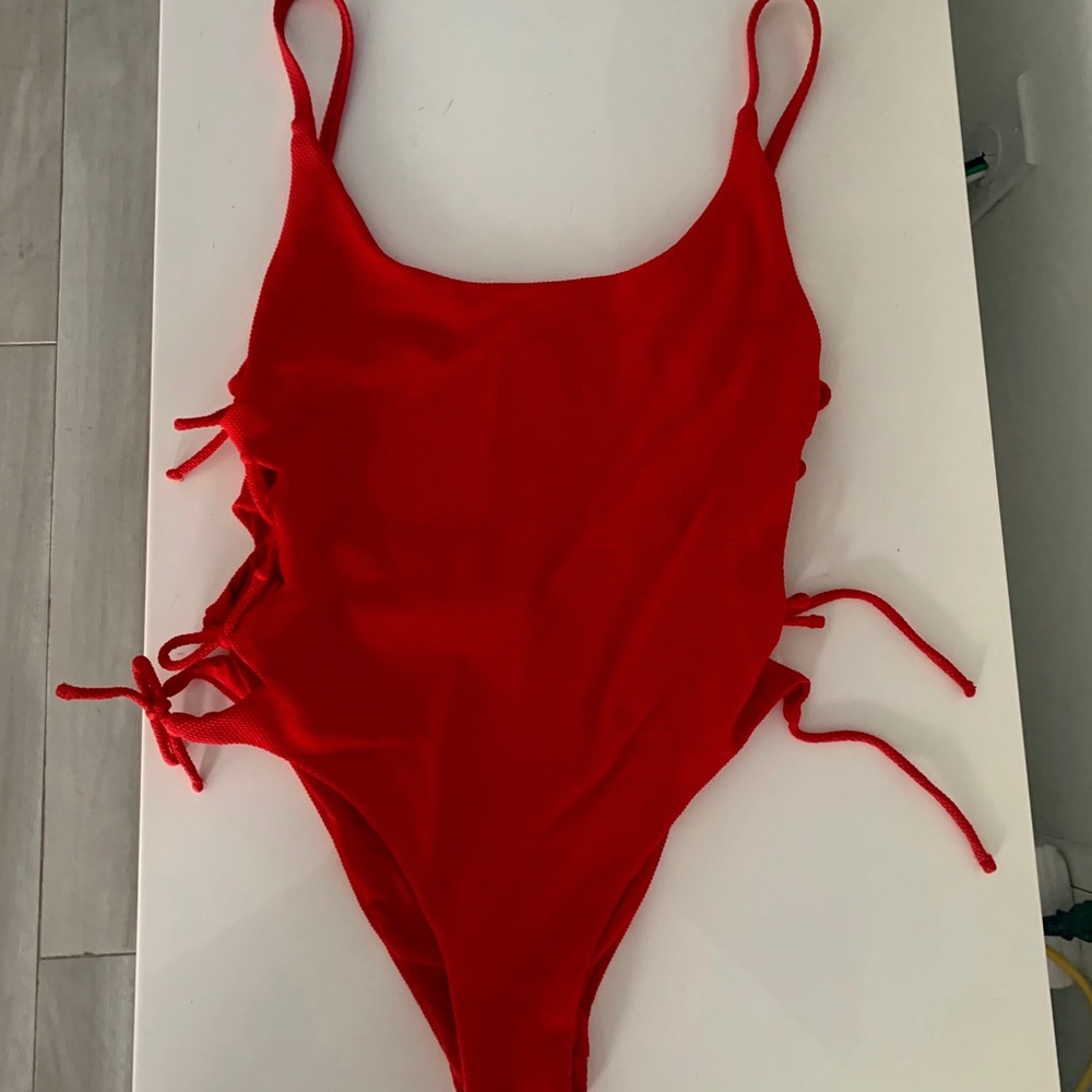 Backless, red one piece bikini
